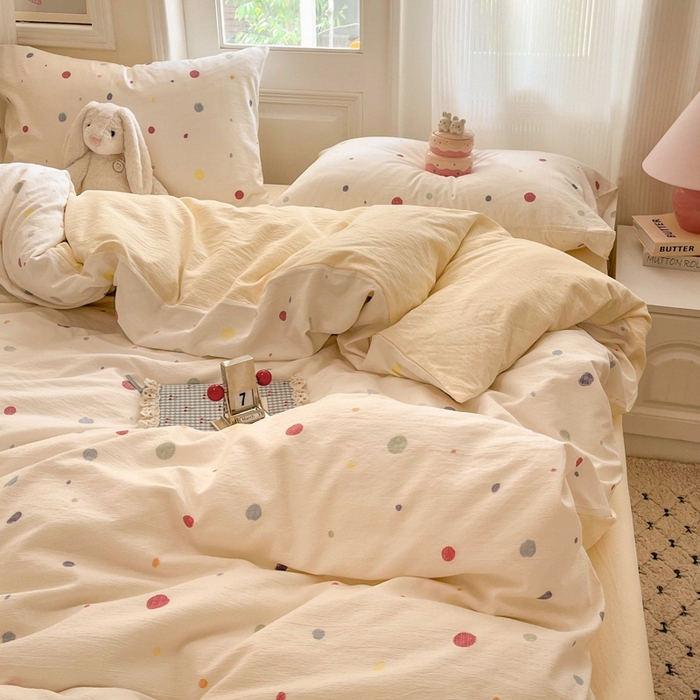 91家纺网 家纺一手货源 找家纺 海岛哥哥 2025新款高克重木棉提花双层纱四件套-风格二 幻彩波点