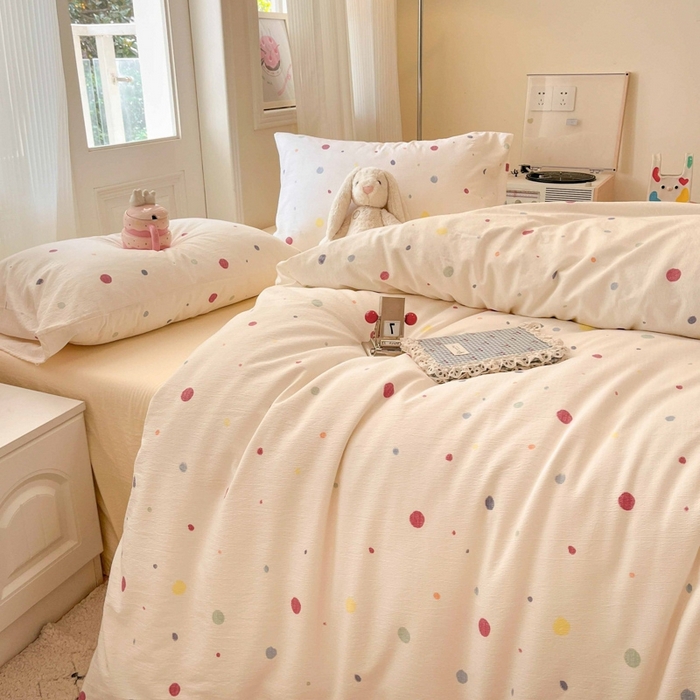 91家纺网 家纺一手货源 找家纺 海岛哥哥 2025新款高克重木棉提花双层纱四件套-风格二 幻彩波点