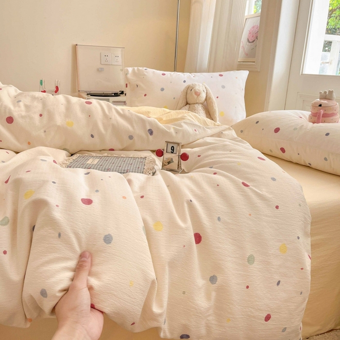 91家纺网 家纺一手货源 找家纺 海岛哥哥 2025新款高克重木棉提花双层纱四件套-风格二 幻彩波点