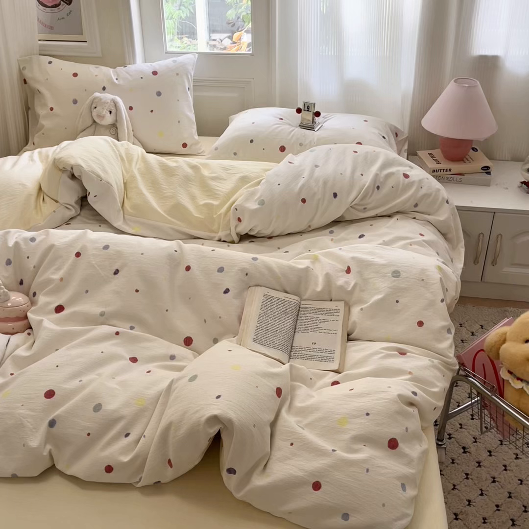 91家纺网 家纺一手货源 找家纺 海岛哥哥 2025新款高克重木棉提花双层纱四件套-风格二 幻彩波点