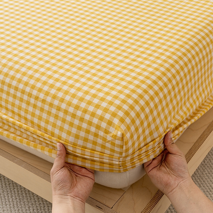 91家纺网 家纺一手货源 找家纺 吉象家纺 2025新款全棉色织水洗棉床笠三件套 黄小格