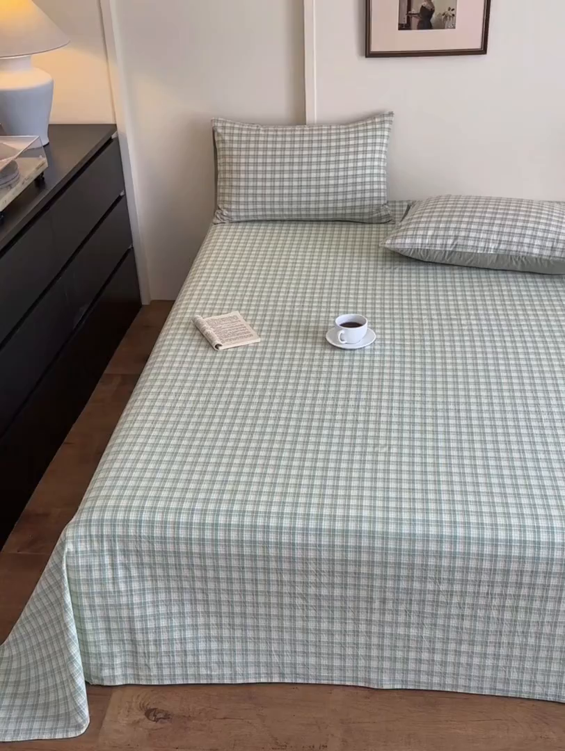 91家纺网 家纺一手货源 找家纺 吉象家纺 2025新款全棉色织水洗棉床单三件套 春风曲