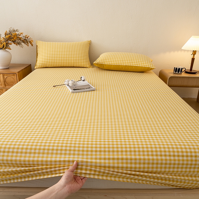 91家纺网 家纺一手货源 找家纺 吉象家纺 2025新款全棉色织水洗棉床笠三件套 黄小格