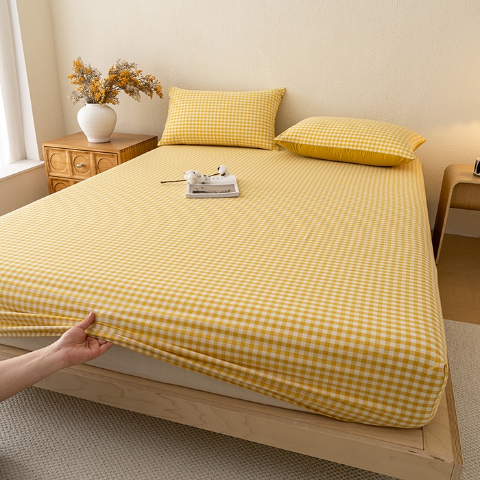 91家纺网 家纺一手货源 找家纺 吉象家纺 2025新款全棉色织水洗棉床笠三件套 黄小格