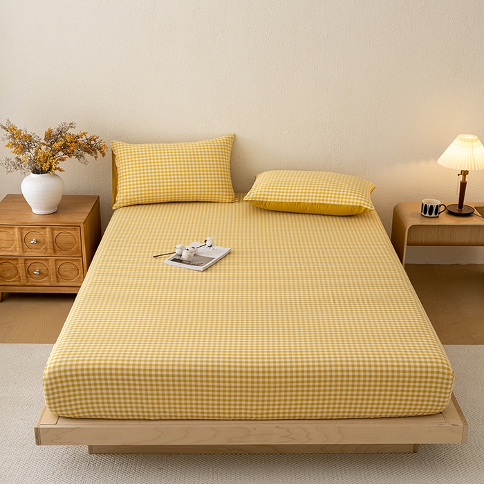 91家纺网 家纺一手货源 找家纺 吉象家纺 2025新款全棉色织水洗棉床笠三件套 黄小格