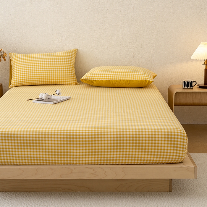 91家纺网 家纺一手货源 找家纺 吉象家纺 2025新款全棉色织水洗棉床笠三件套 黄小格