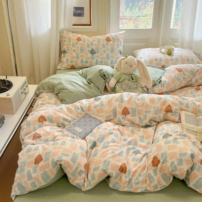 91家纺网 家纺一手货源 找家纺 海岛哥哥 2025新款高克重木棉提花双层纱四件套-风格二 简絮