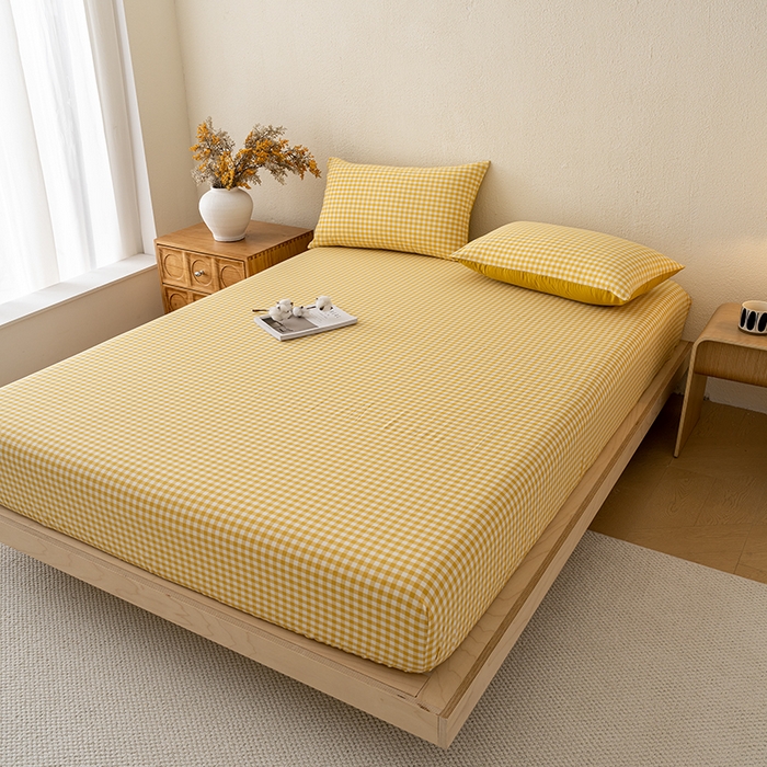 91家纺网 家纺一手货源 找家纺 吉象家纺 2025新款全棉色织水洗棉床笠三件套 黄小格