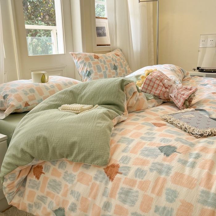 91家纺网 家纺一手货源 找家纺 海岛哥哥 2025新款高克重木棉提花双层纱四件套-风格二 简絮