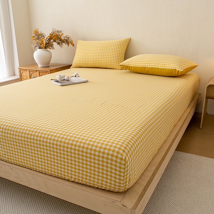 91家纺网 家纺一手货源 找家纺 吉象家纺 2025新款全棉色织水洗棉床笠三件套 黄小格