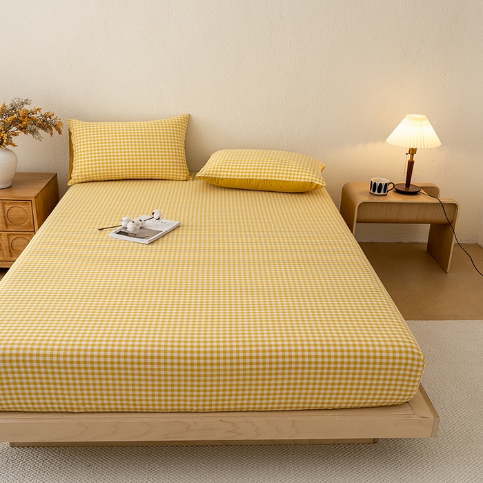 91家纺网 家纺一手货源 找家纺 吉象家纺 2025新款全棉色织水洗棉床笠三件套 黄小格