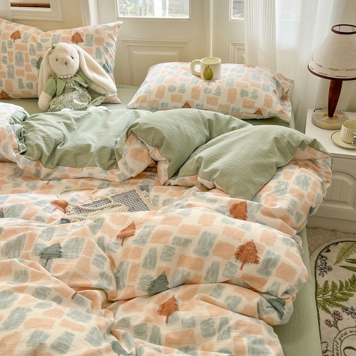 91家纺网 家纺一手货源 找家纺 海岛哥哥 2025新款高克重木棉提花双层纱四件套-风格二 简絮