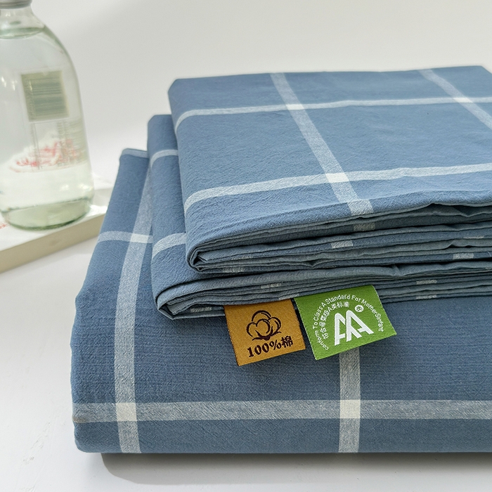 吉象家纺 2025新款全棉色织水洗棉床单三件套 大蓝格