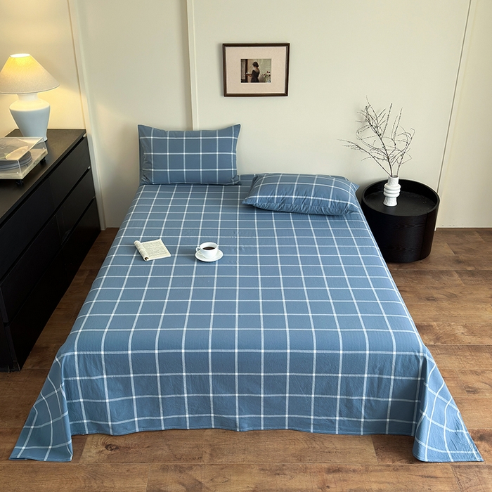 91家纺网 家纺一手货源 找家纺 吉象家纺 2025新款全棉色织水洗棉床单三件套 大蓝格