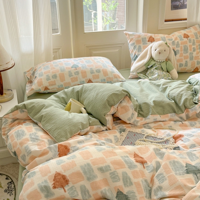 91家纺网 家纺一手货源 找家纺 海岛哥哥 2025新款高克重木棉提花双层纱四件套-风格二 简絮