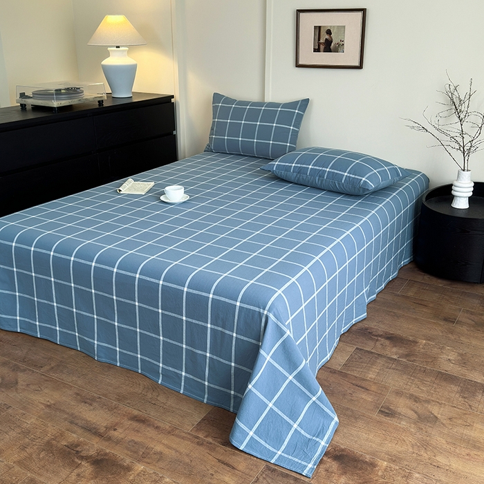 91家纺网 家纺一手货源 找家纺 吉象家纺 2025新款全棉色织水洗棉床单三件套 大蓝格