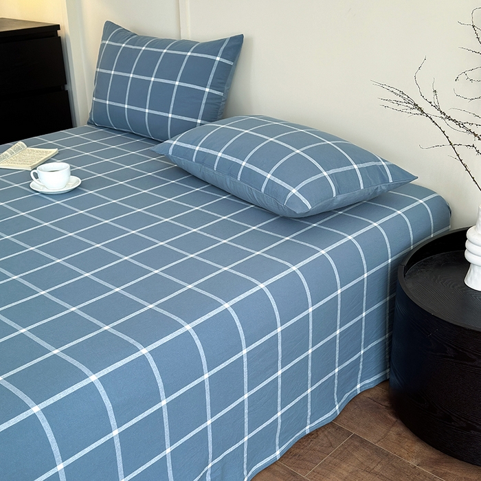 91家纺网 家纺一手货源 找家纺 吉象家纺 2025新款全棉色织水洗棉床单三件套 大蓝格