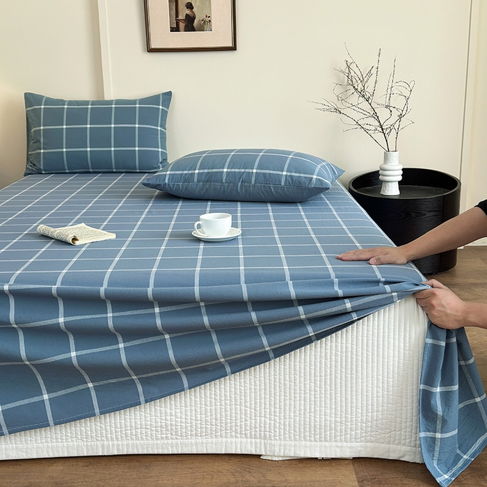 91家纺网 家纺一手货源 找家纺 吉象家纺 2025新款全棉色织水洗棉床单三件套 大蓝格