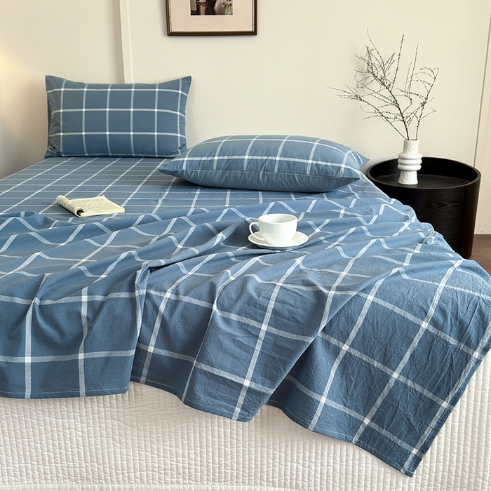 91家纺网 家纺一手货源 找家纺 吉象家纺 2025新款全棉色织水洗棉床单三件套 大蓝格