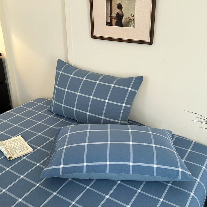 91家纺网 家纺一手货源 找家纺 吉象家纺 2025新款全棉色织水洗棉床单三件套 大蓝格