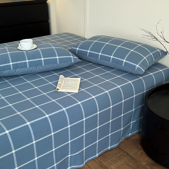 91家纺网 家纺一手货源 找家纺 吉象家纺 2025新款全棉色织水洗棉床单三件套 大蓝格