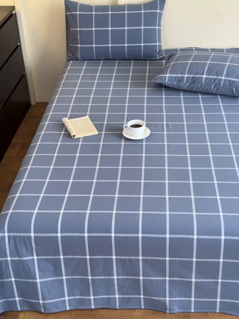 91家纺网 家纺一手货源 找家纺 吉象家纺 2025新款全棉色织水洗棉床单三件套 大蓝格