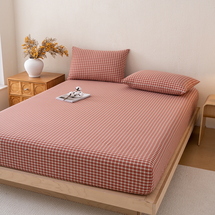 91家纺网 家纺一手货源 找家纺 吉象家纺 2025新款全棉色织水洗棉床笠三件套 克洛伊红