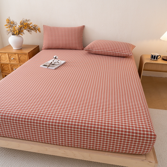 91家纺网 家纺一手货源 找家纺 吉象家纺 2025新款全棉色织水洗棉床笠三件套 克洛伊红