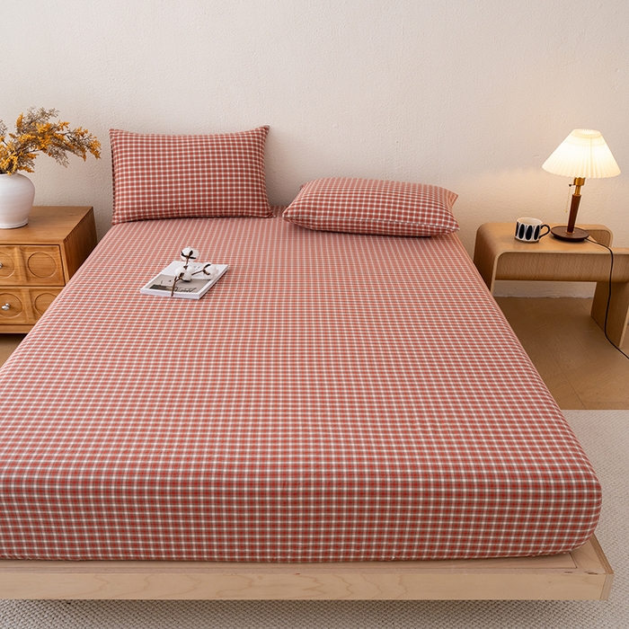 91家纺网 家纺一手货源 找家纺 吉象家纺 2025新款全棉色织水洗棉床笠三件套 克洛伊红