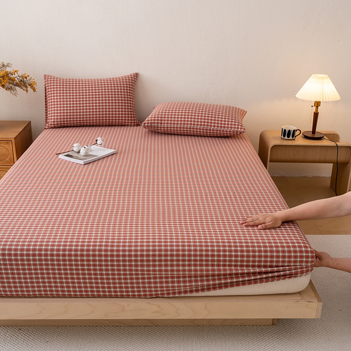 91家纺网 家纺一手货源 找家纺 吉象家纺 2025新款全棉色织水洗棉床笠三件套 克洛伊红