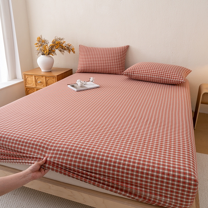 91家纺网 家纺一手货源 找家纺 吉象家纺 2025新款全棉色织水洗棉床笠三件套 克洛伊红