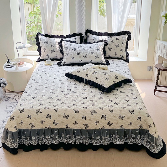 雨彤家纺 2025年新款赫本风云朵水洗棉夹棉双层花边床盖 蝴蝶-赫本风