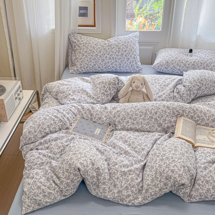 91家纺网 家纺一手货源 找家纺 海岛哥哥 2025新款高克重木棉提花双层纱四件套-风格二 蓝枝语