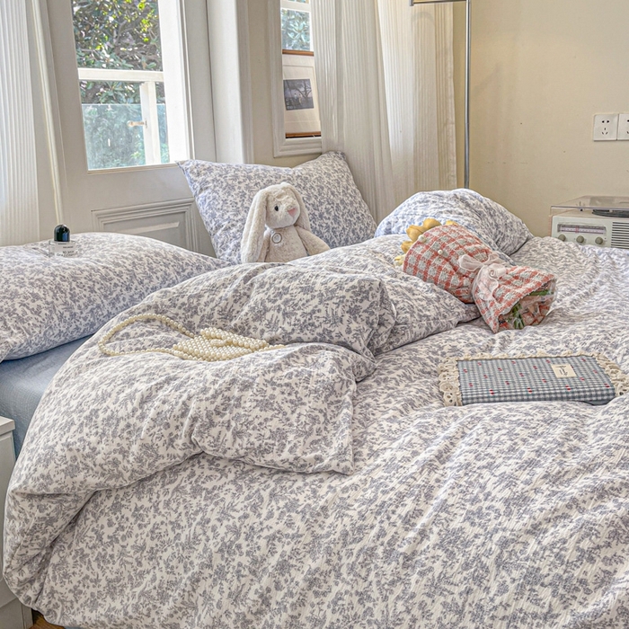 91家纺网 家纺一手货源 找家纺 海岛哥哥 2025新款高克重木棉提花双层纱四件套-风格二 蓝枝语