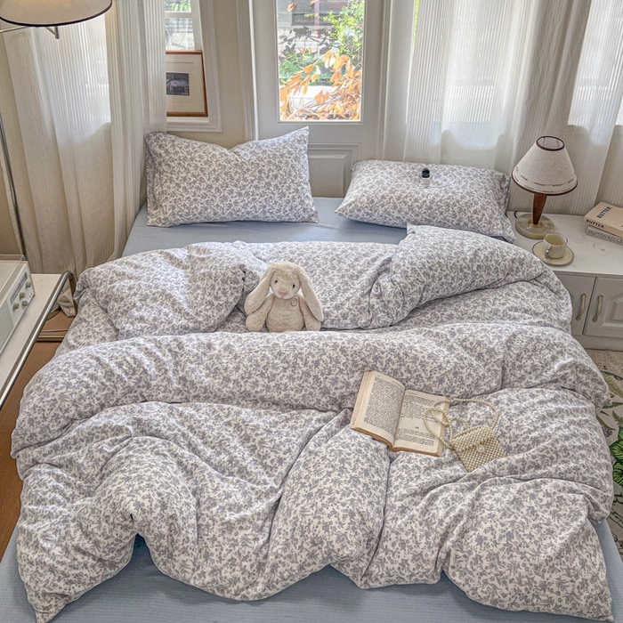 91家纺网 家纺一手货源 找家纺 海岛哥哥 2025新款高克重木棉提花双层纱四件套-风格二 蓝枝语