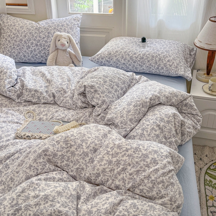 91家纺网 家纺一手货源 找家纺 海岛哥哥 2025新款高克重木棉提花双层纱四件套-风格二 蓝枝语