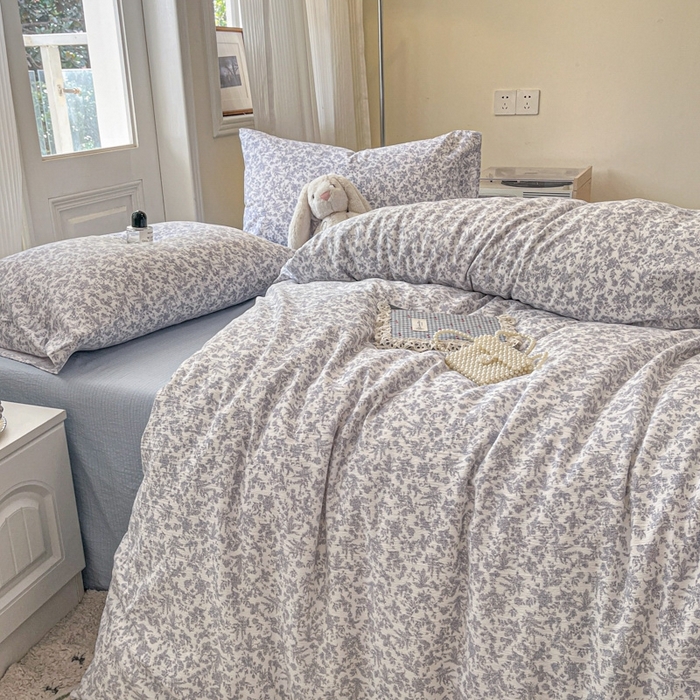 91家纺网 家纺一手货源 找家纺 海岛哥哥 2025新款高克重木棉提花双层纱四件套-风格二 蓝枝语