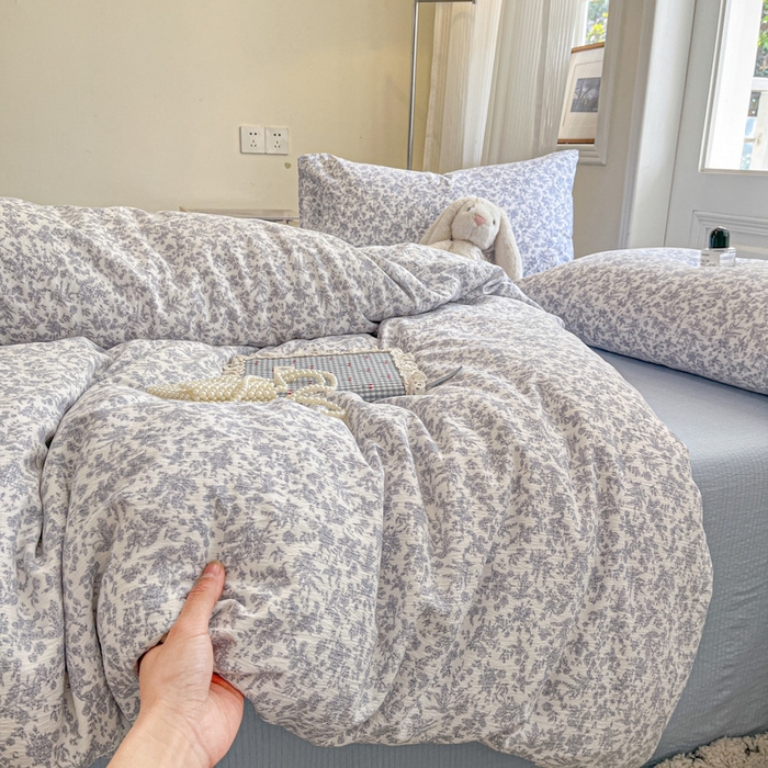 91家纺网 家纺一手货源 找家纺 海岛哥哥 2025新款高克重木棉提花双层纱四件套-风格二 蓝枝语