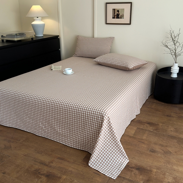 91家纺网 家纺一手货源 找家纺 吉象家纺 2025新款全棉色织水洗棉床单三件套 咖小格