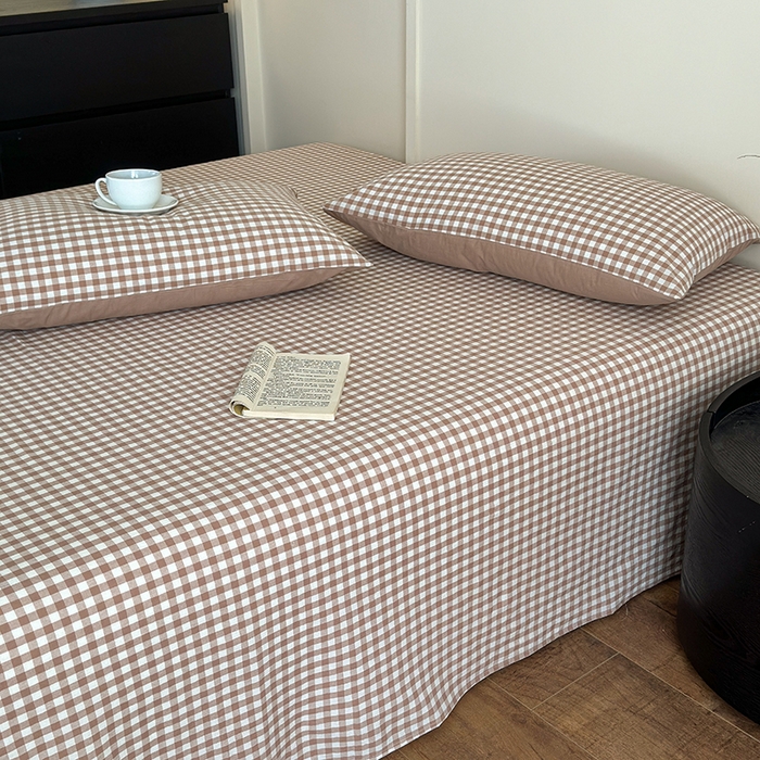 91家纺网 家纺一手货源 找家纺 吉象家纺 2025新款全棉色织水洗棉床单三件套 咖小格