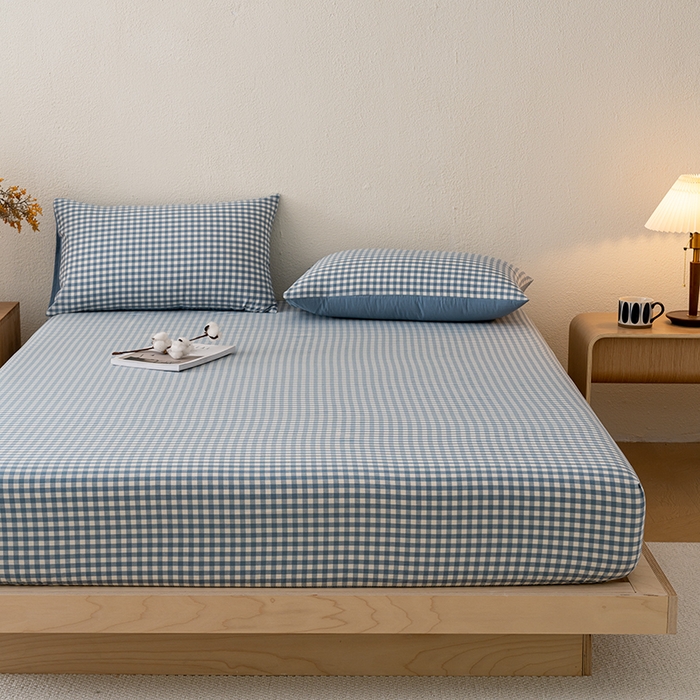 91家纺网 家纺一手货源 找家纺 吉象家纺 2025新款全棉色织水洗棉床笠三件套 蓝小格