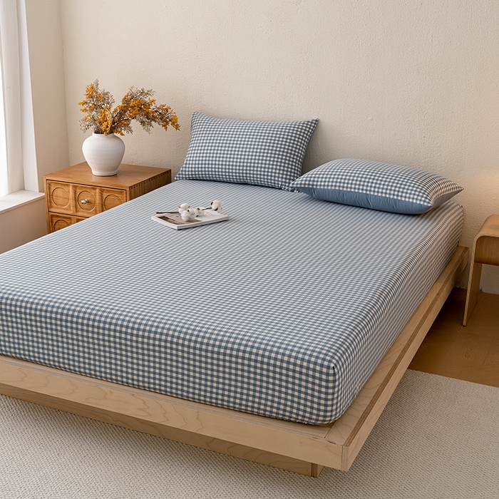 91家纺网 家纺一手货源 找家纺 吉象家纺 2025新款全棉色织水洗棉床笠三件套 蓝小格