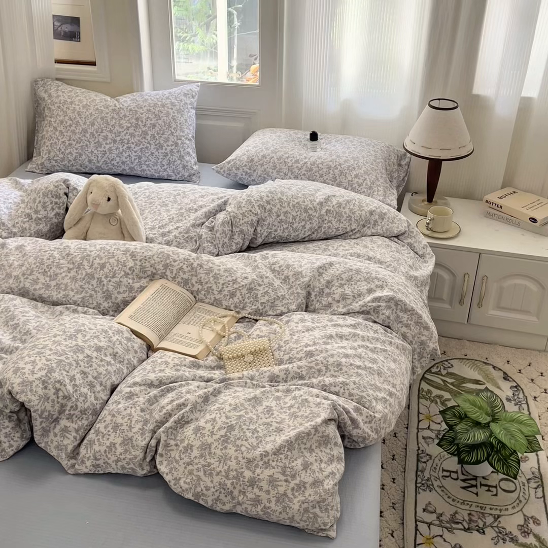 91家纺网 家纺一手货源 找家纺 海岛哥哥 2025新款高克重木棉提花双层纱四件套-风格二 蓝枝语