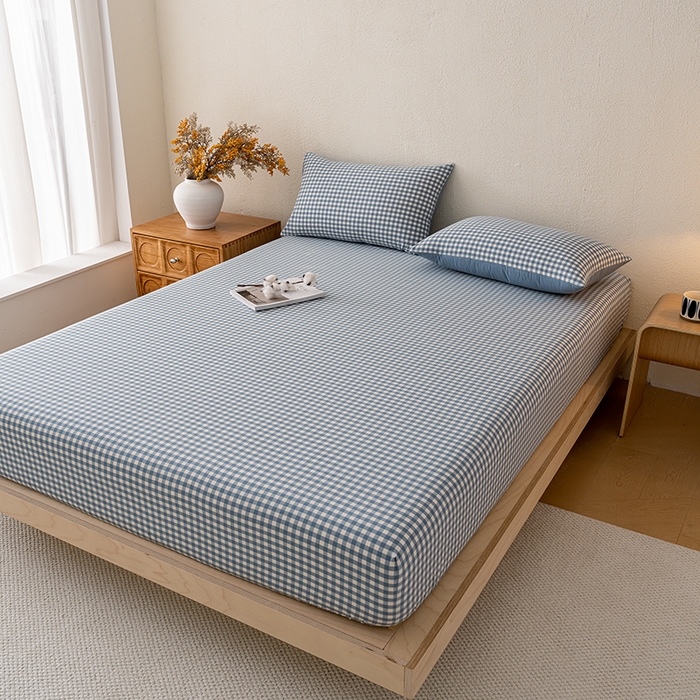 91家纺网 家纺一手货源 找家纺 吉象家纺 2025新款全棉色织水洗棉床笠三件套 蓝小格