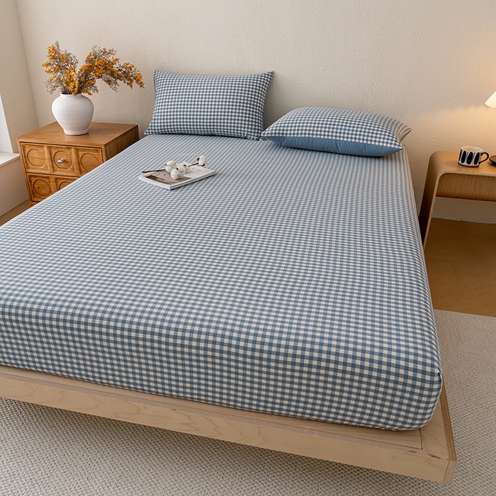 91家纺网 家纺一手货源 找家纺 吉象家纺 2025新款全棉色织水洗棉床笠三件套 蓝小格