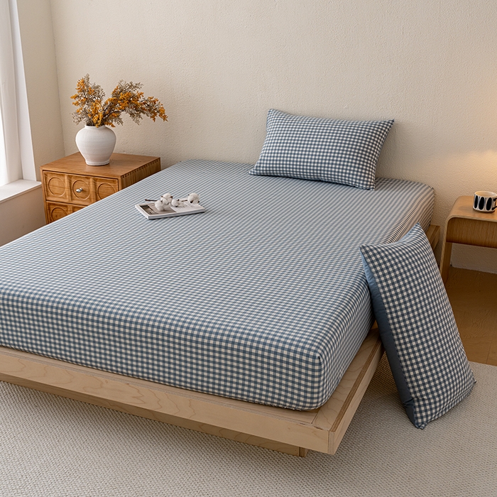 91家纺网 家纺一手货源 找家纺 吉象家纺 2025新款全棉色织水洗棉床笠三件套 蓝小格