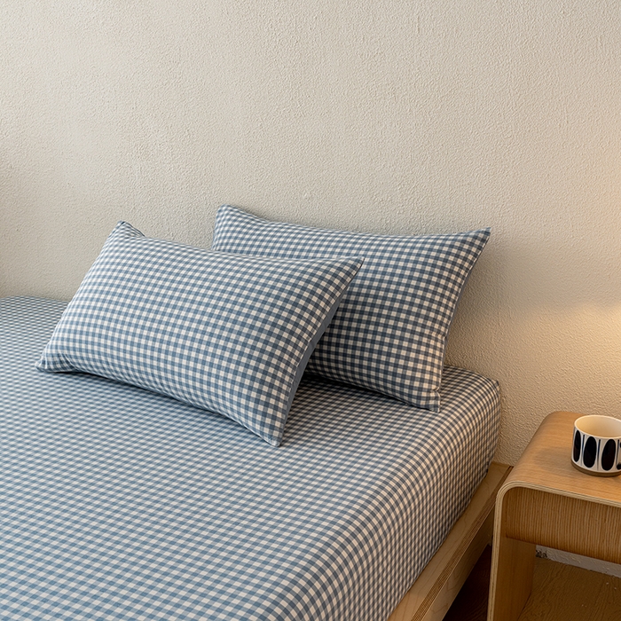 91家纺网 家纺一手货源 找家纺 吉象家纺 2025新款全棉色织水洗棉床笠三件套 蓝小格