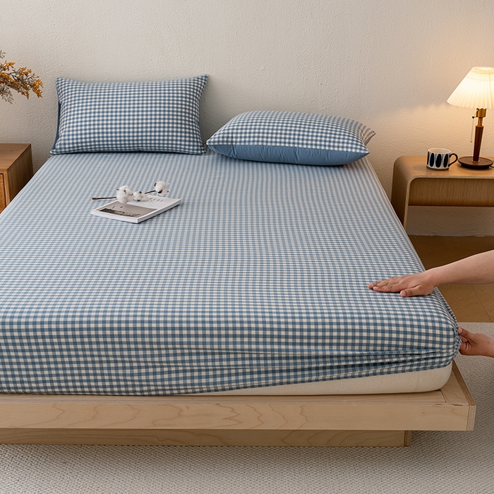 91家纺网 家纺一手货源 找家纺 吉象家纺 2025新款全棉色织水洗棉床笠三件套 蓝小格