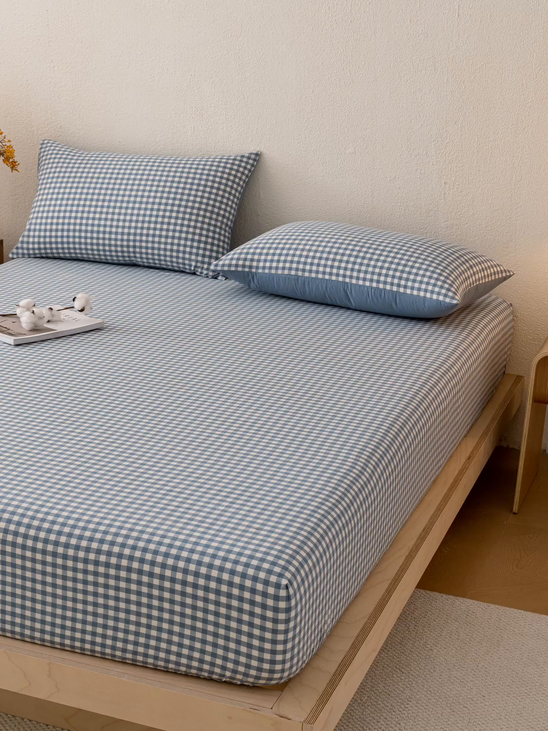 91家纺网 家纺一手货源 找家纺 吉象家纺 2025新款全棉色织水洗棉床笠三件套 蓝小格