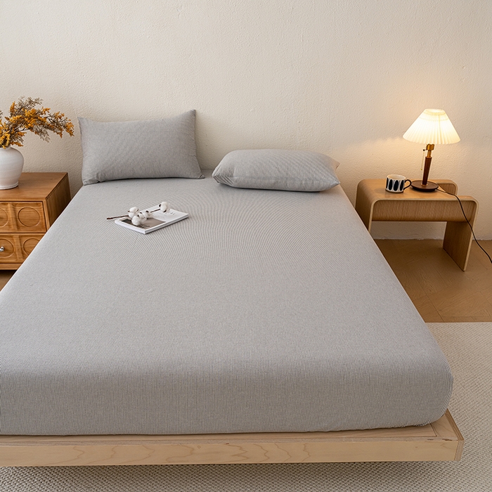 91家纺网 家纺一手货源 找家纺 吉象家纺 2025新款全棉色织水洗棉床笠三件套 秘境灰条